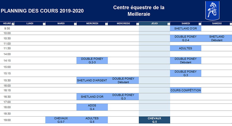 Centre équestre de la Meilleraie : planning des cours 2019-2020 - Les Sorinières (44)